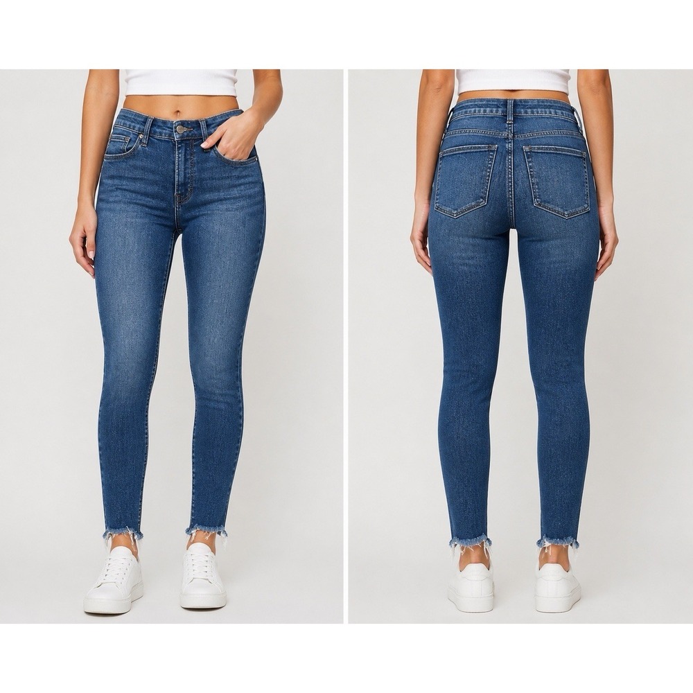 Good American Good Legs Jeans Women's 4/27 Blue Skinny Raw Hem Stretch Mid Rise